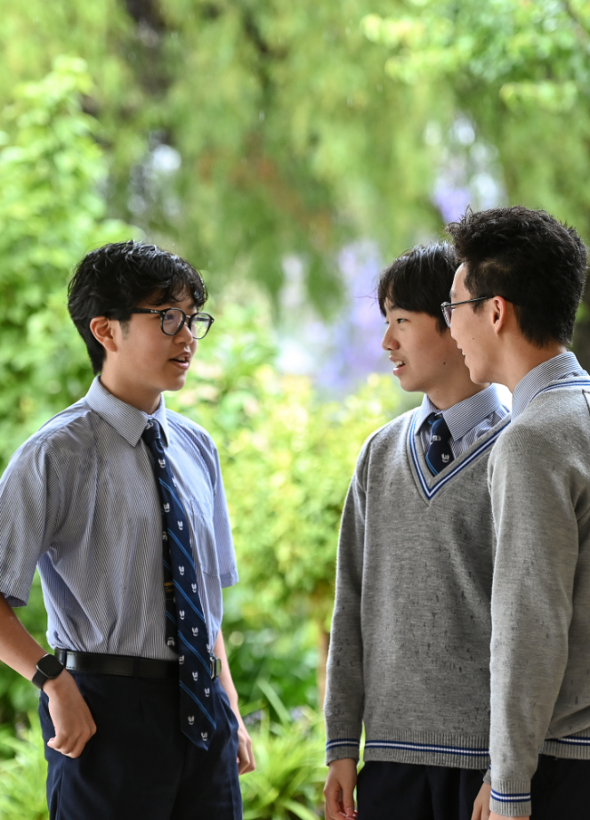 Three international students talking and laughing in a group