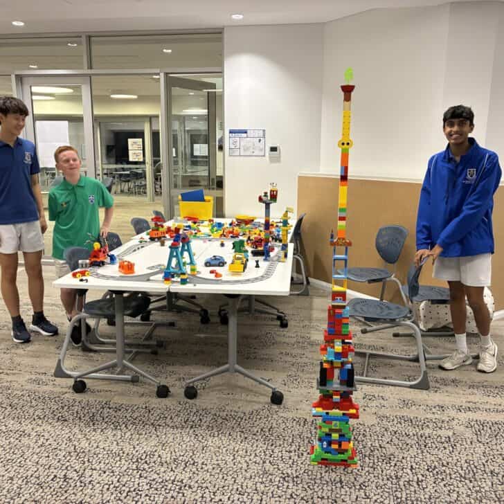Daniel Cao, Aarav Kocher & buddy, Harry with their Duplo construction